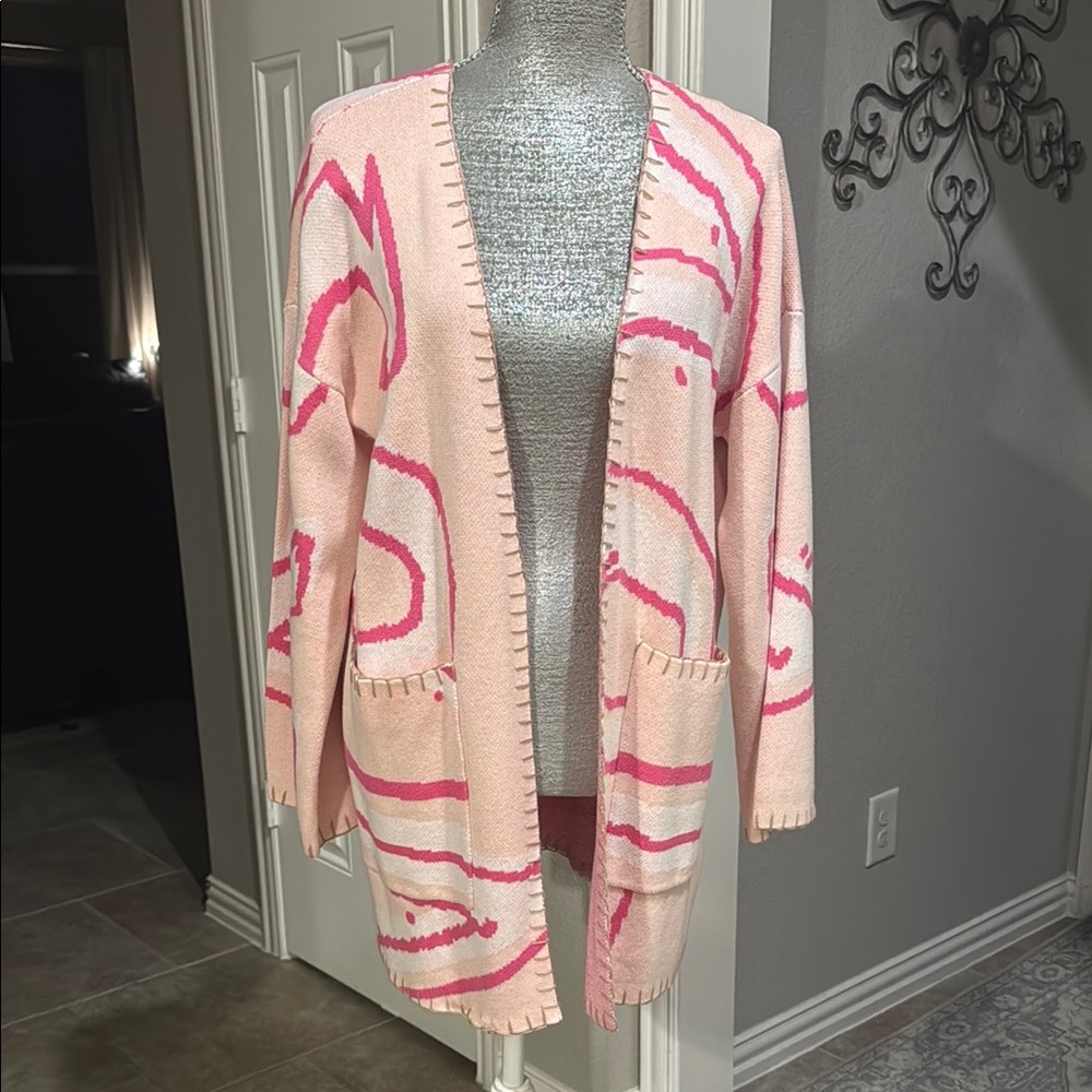 Anthropologie Rosenthal Pink and White Artistic Hearts Cardigan - Picture 1 of 6